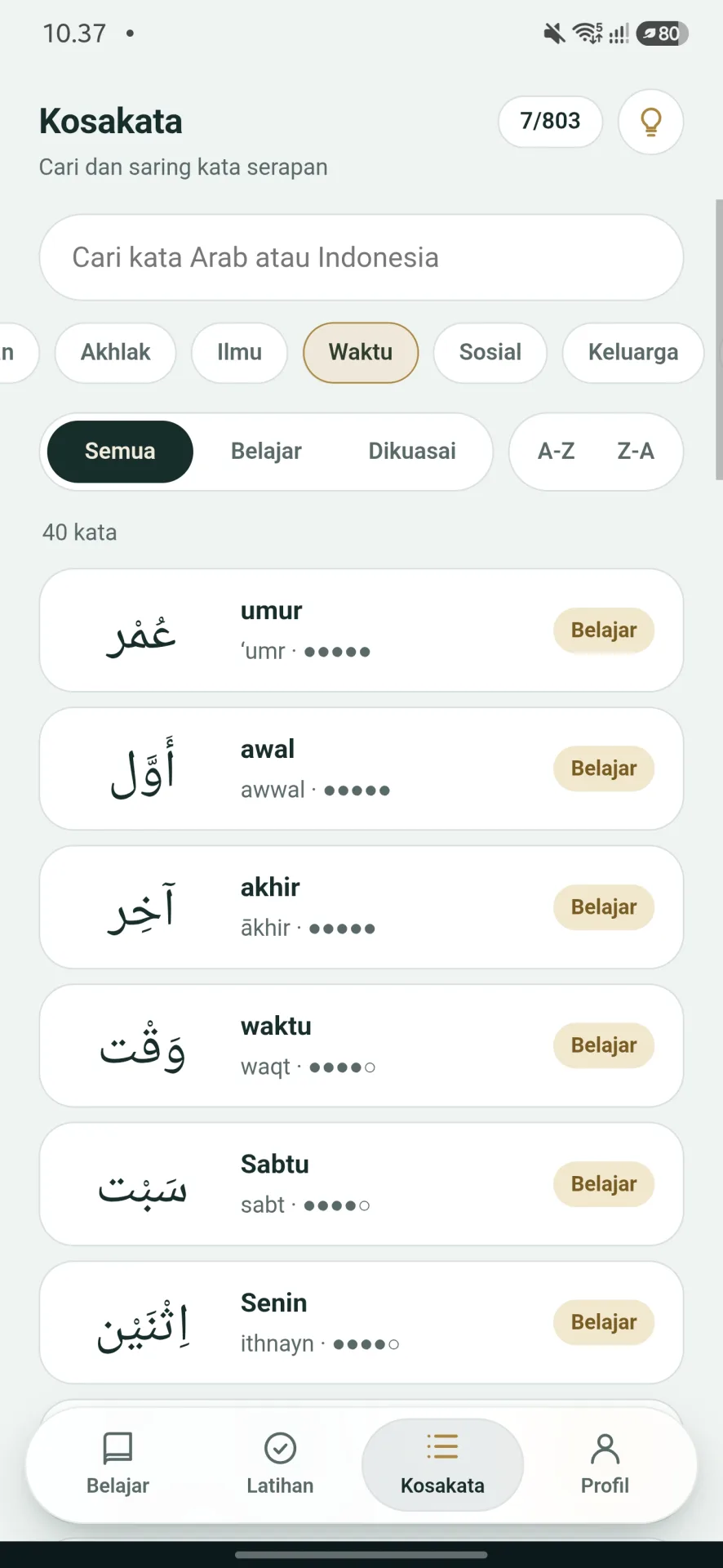 Tampilan aplikasi Jejak Kata Arab (3 dari 4)